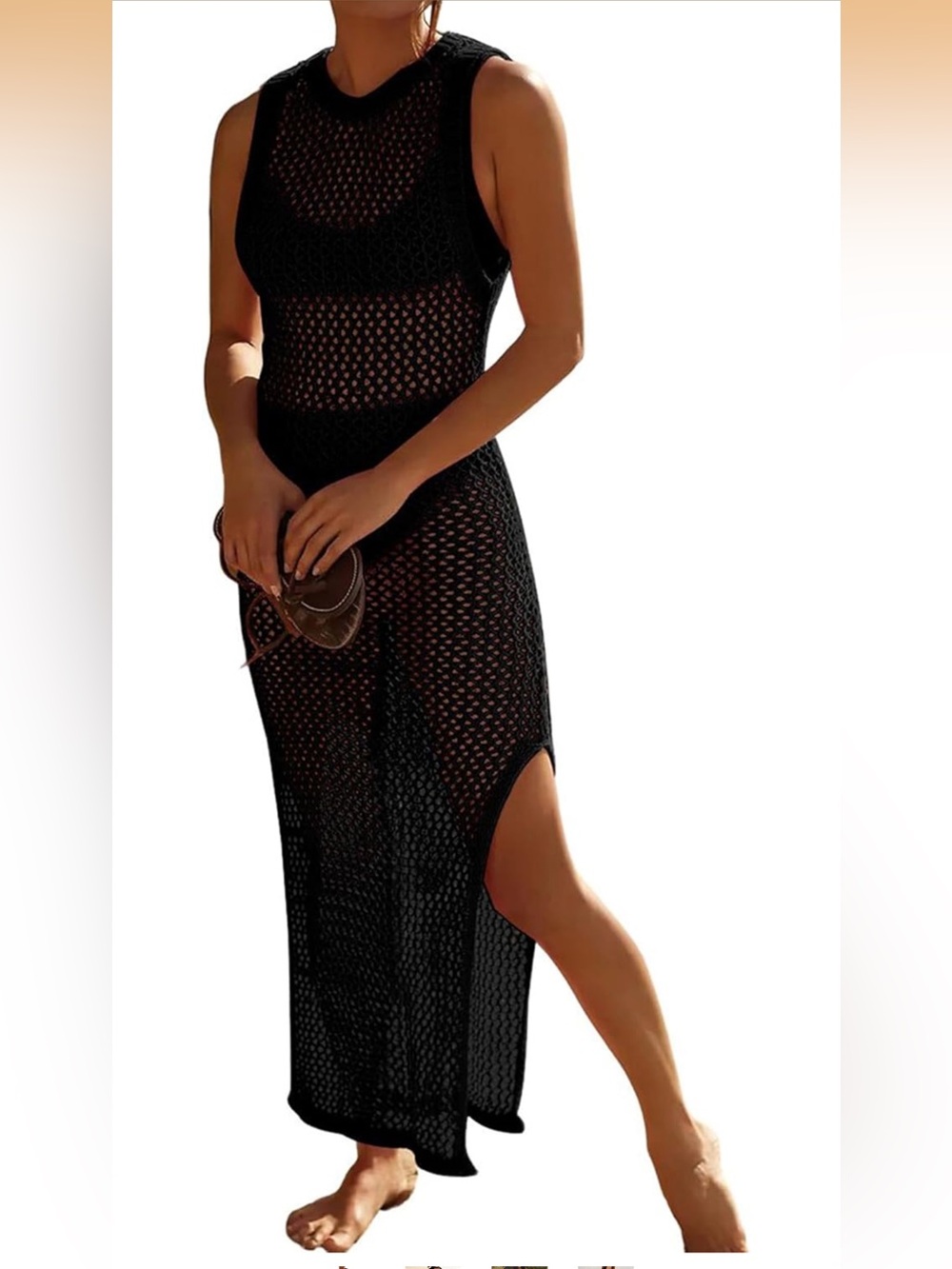 🔹 Black Crochet Sheer Maxi Coverup with Side Slit Size Medium